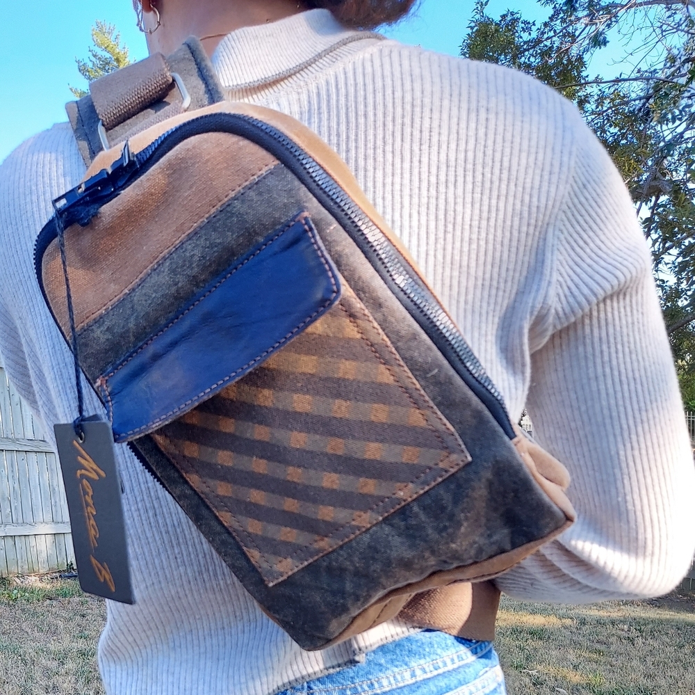 Tan Checkered Mona B. Sling Backpack